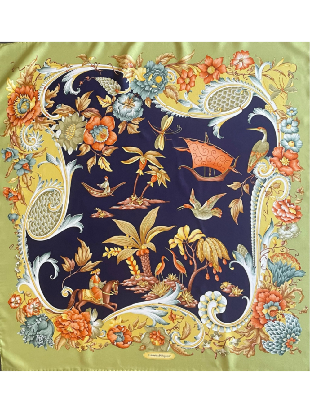 Women's Salvatore Ferragamo Silk Scarf 34 In Blue Green Floral Exc Cond